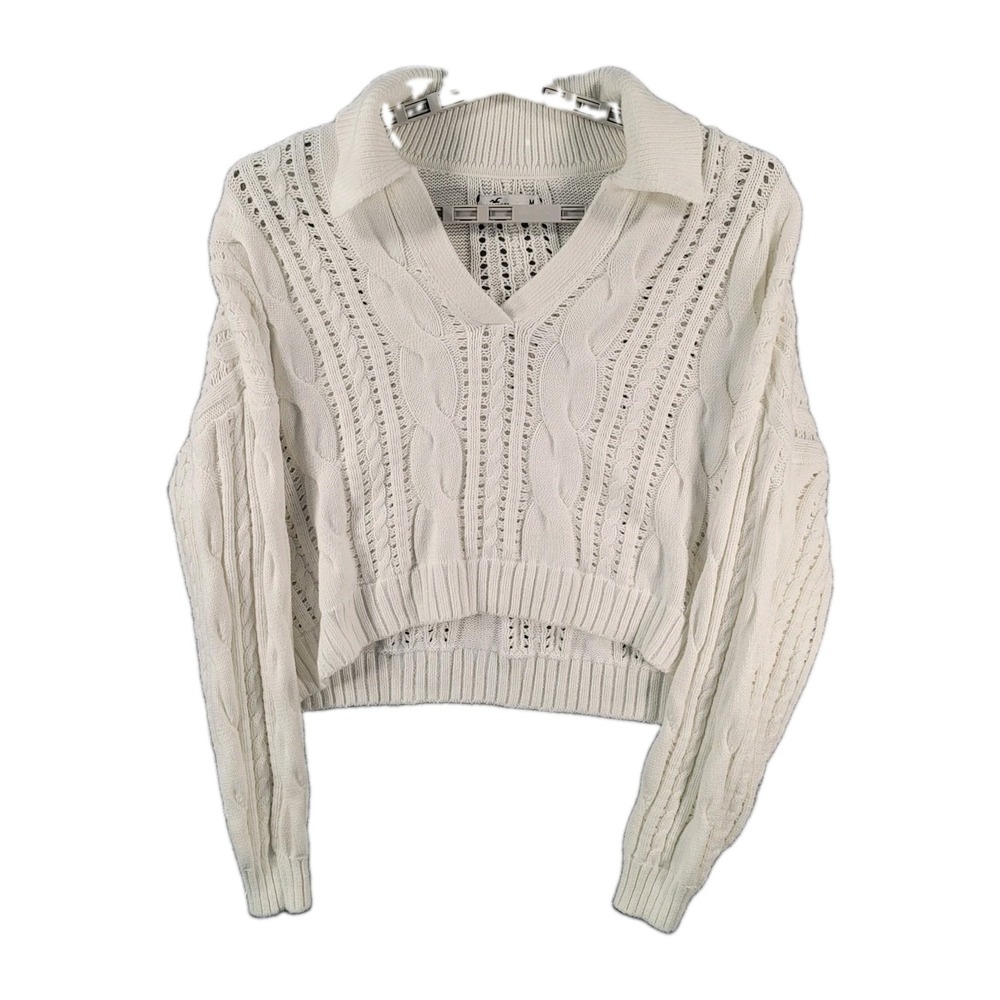 Hollister Cable Knit White Sweater Womens Size Medium Cropped Pullover Collared